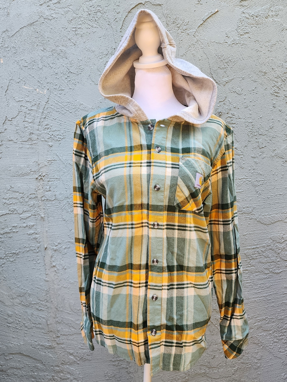 Women’s Green & Yellow Plaid Hooded Shirt Jacket